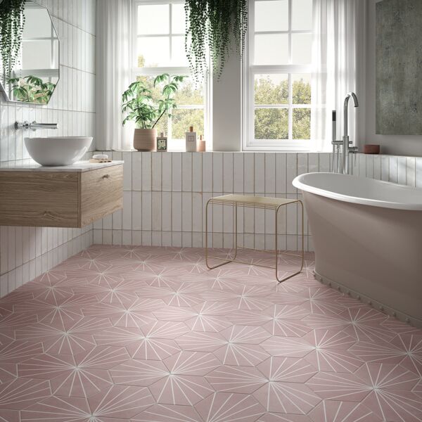Hope White 75x300mm Ceramic Wall Tiles with Lilypad Rose