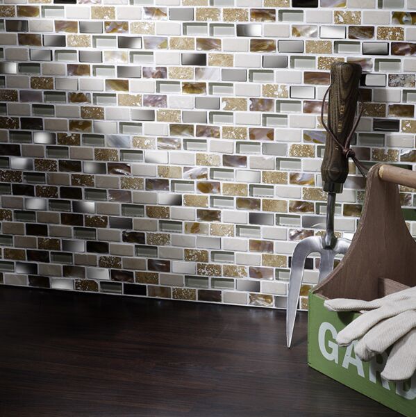 G30086W Cream Pearl Glass, Stone & Metal Mini Brick Mosaic