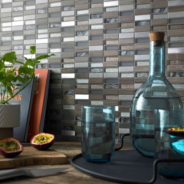 Heydon Beige Mix Stone/Glass/Metal Linear Mosaic 15x48mm
