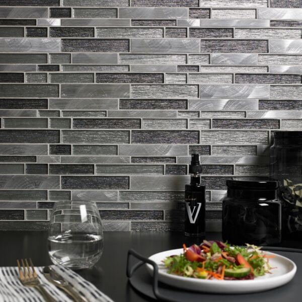Ashby Grey Glass/Metal Mix Offset Linear Mosaic