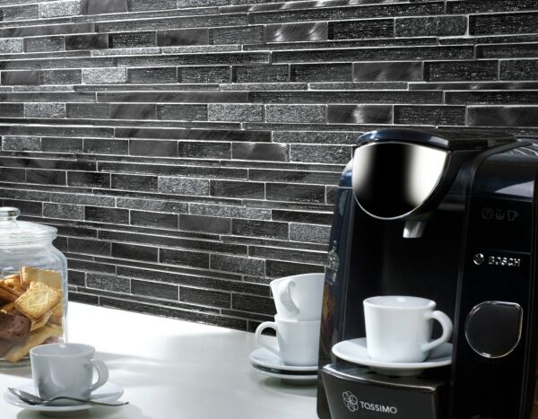 Kenton Grey Glass/Stone/Metal Mix Offset Linear Mosaic 