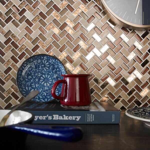 Pence Copper Herringbone Glass/Stone Mosaic 15x30mm