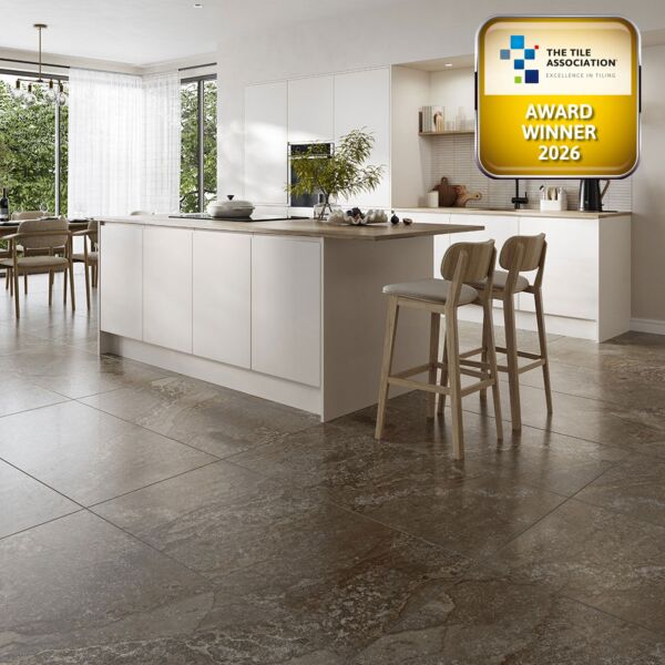 P14857 Planet Oxid Glazed Polished Porcelain 1198x598mm & P13880 Maya Linear Pearl Ceramic Wall Tile 350x350mm