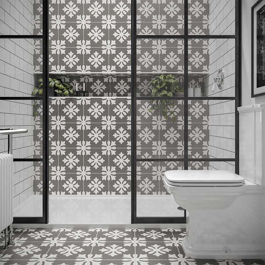 Grey and White patterned shower room