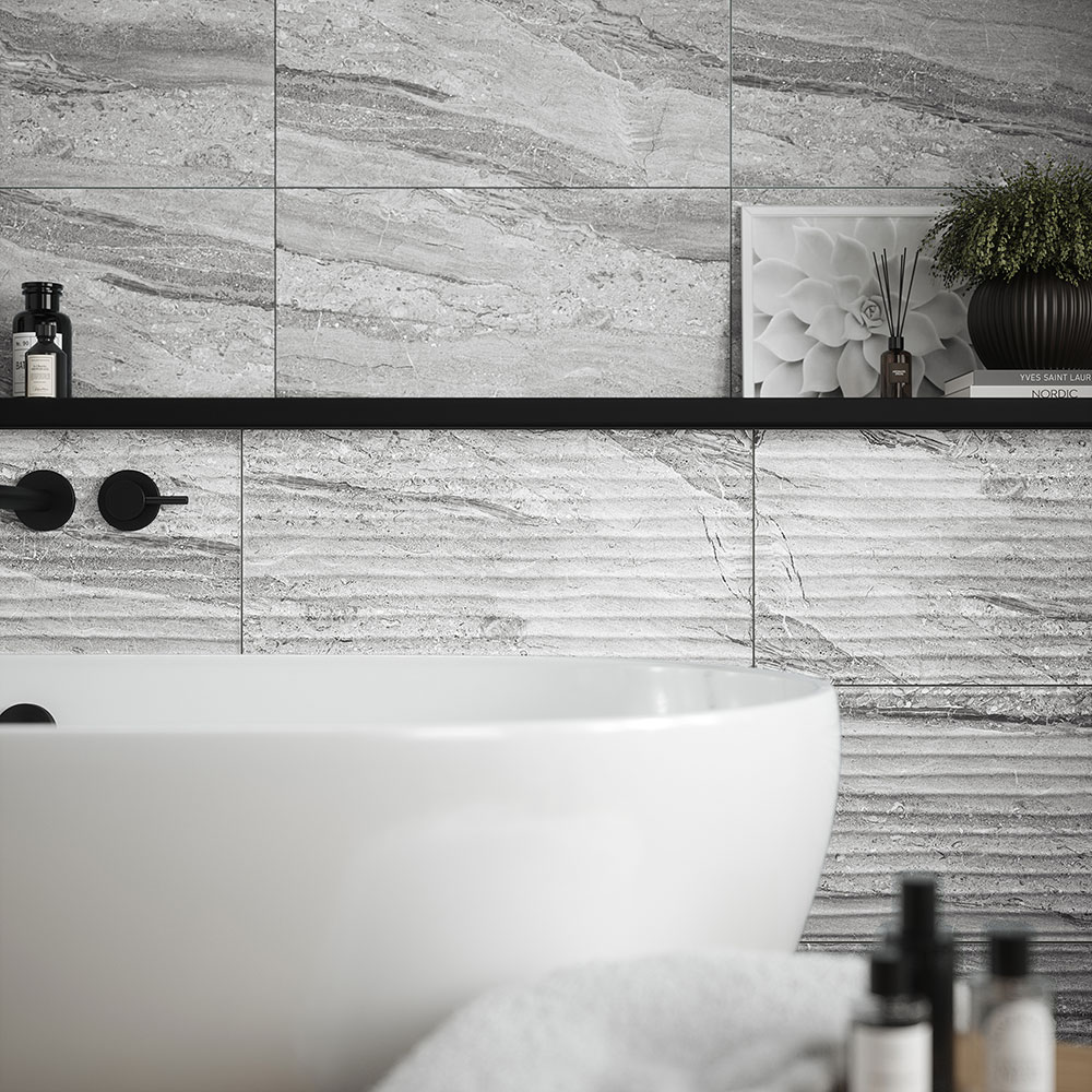 Create a statement bathroom space with Laurent Grey plus coordinating decor. 